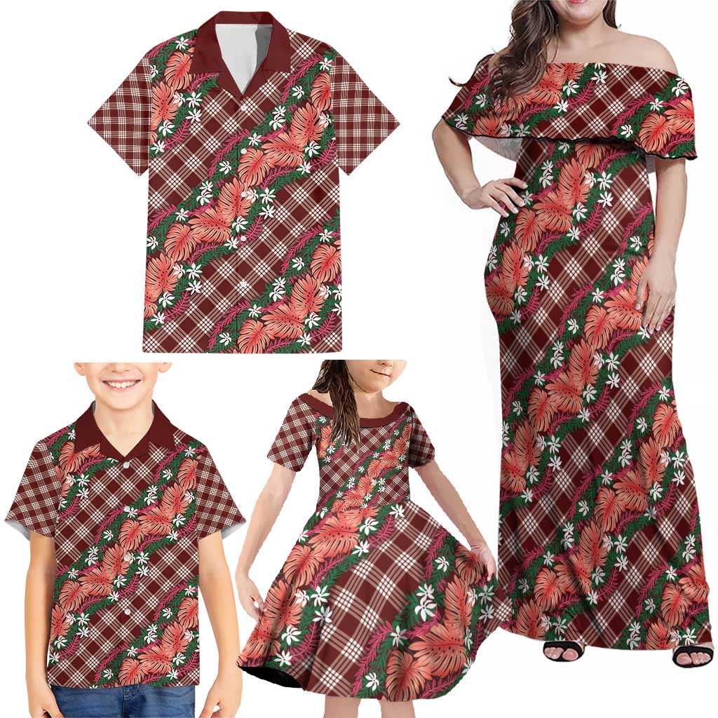 Polynesian Monstera Tiare Floral Family Matching Off Shoulder Maxi Dress and Hawaiian Shirt Burgundy Tropical Plaid LT01 - Polynesian Pride