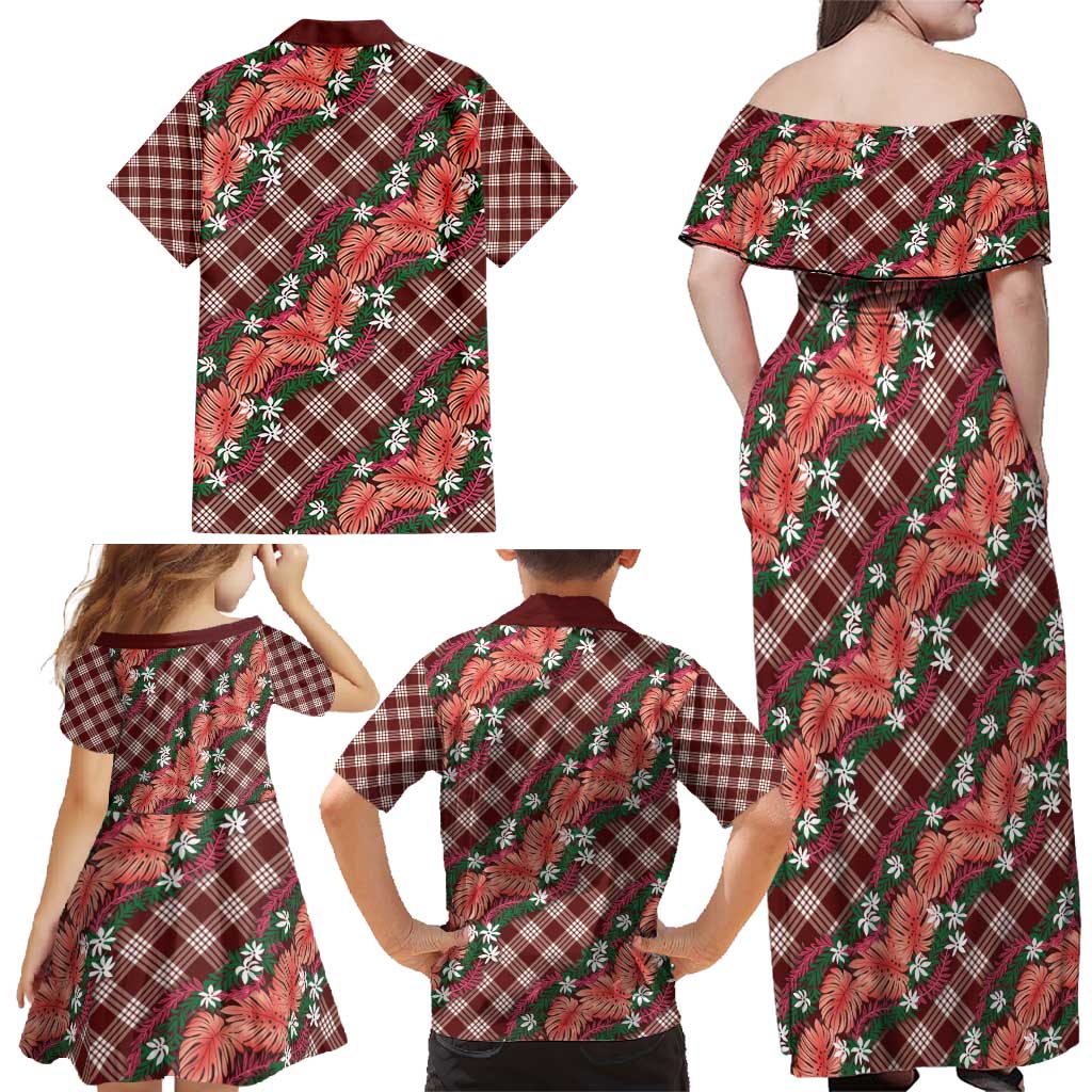 Polynesian Monstera Tiare Floral Family Matching Off Shoulder Maxi Dress and Hawaiian Shirt Burgundy Tropical Plaid LT01 - Polynesian Pride