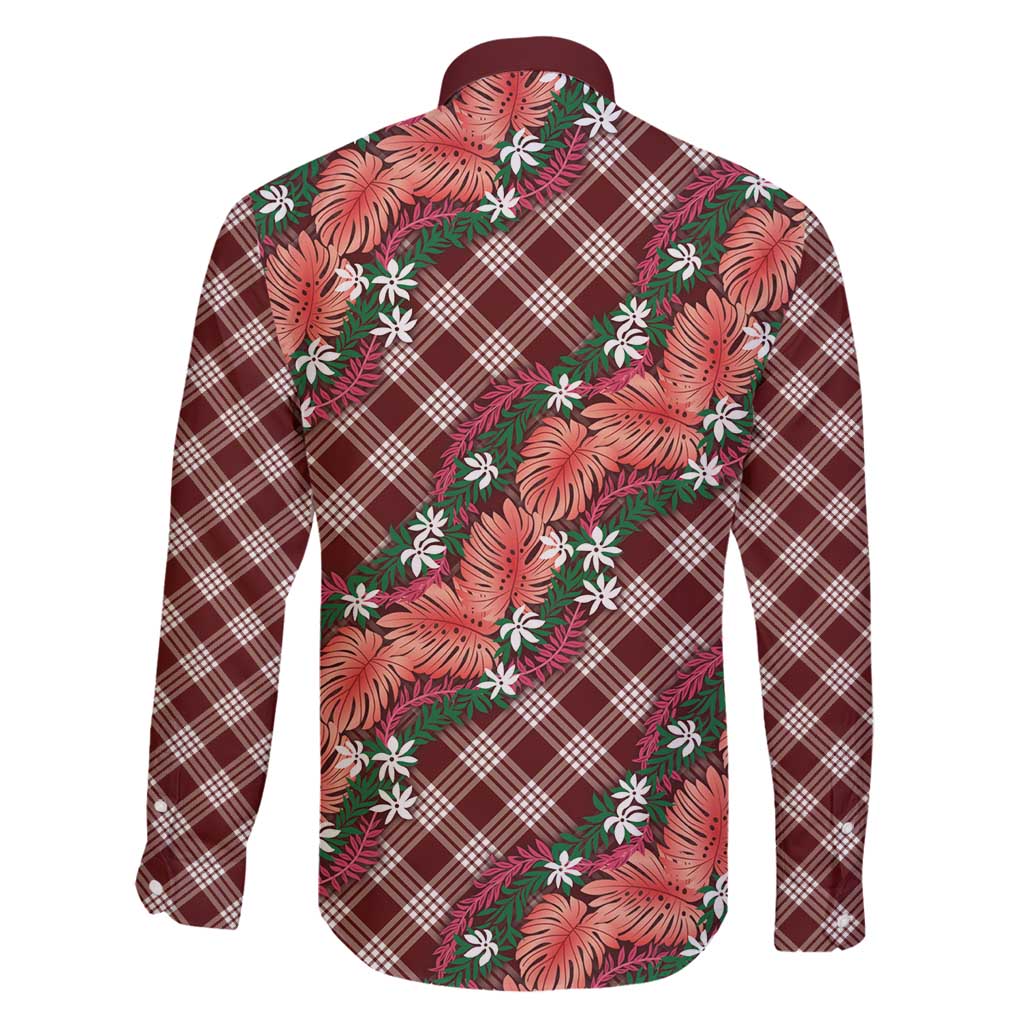 Polynesian Monstera Tiare Floral Family Matching Off Shoulder Maxi Dress and Hawaiian Shirt Burgundy Tropical Plaid LT01 - Polynesian Pride