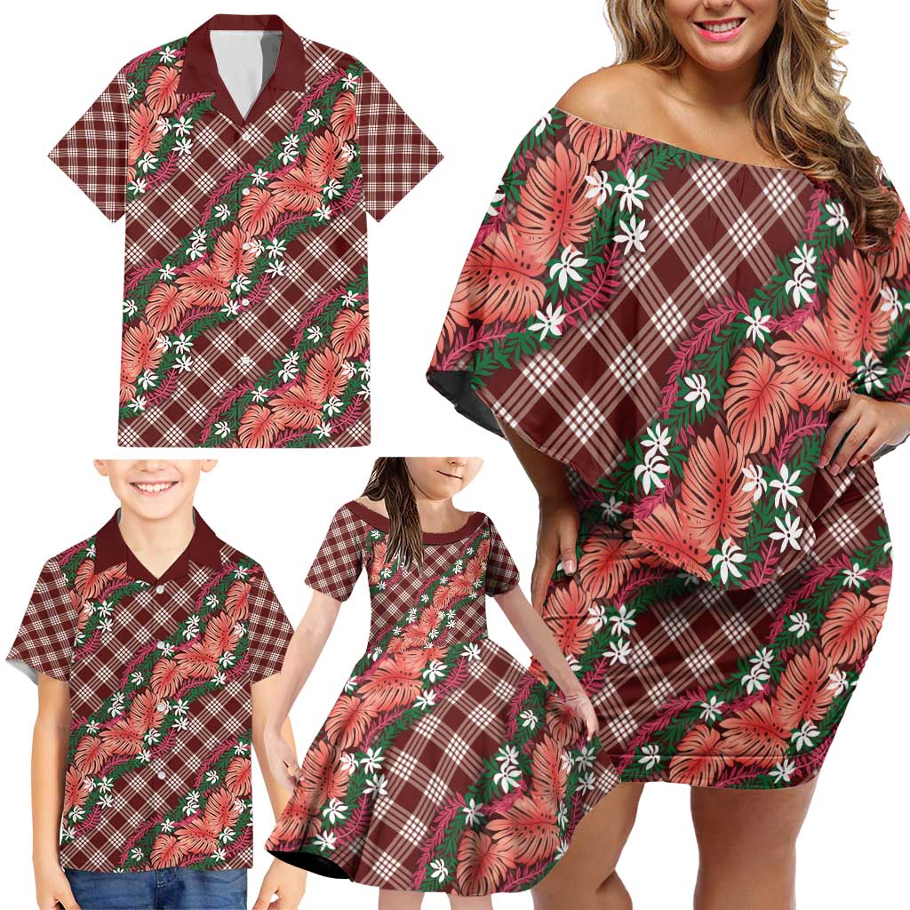 Polynesian Monstera Tiare Floral Family Matching Off Shoulder Short Dress and Hawaiian Shirt Burgundy Tropical Plaid LT01 - Polynesian Pride