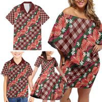 Polynesian Monstera Tiare Floral Family Matching Off Shoulder Short Dress and Hawaiian Shirt Burgundy Tropical Plaid LT01 - Polynesian Pride