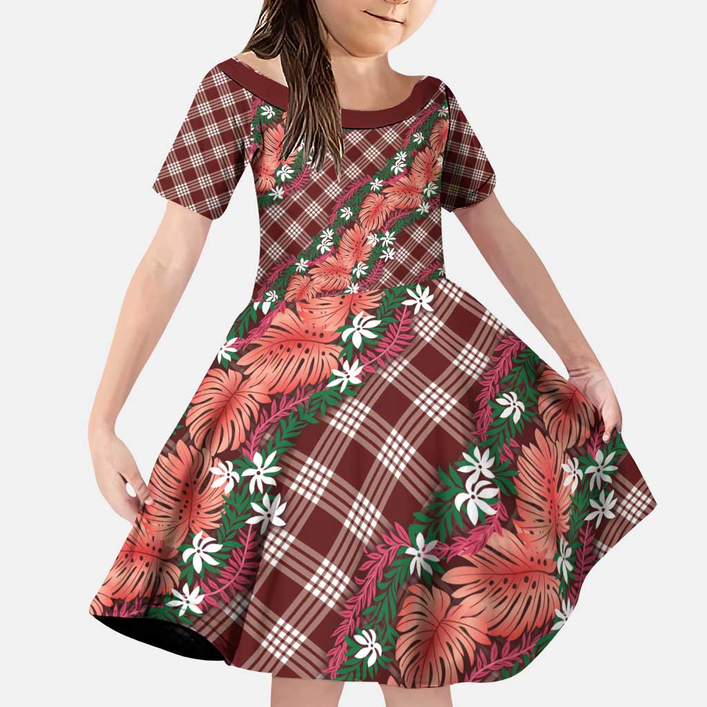 Polynesian Monstera Tiare Floral Family Matching Puletasi and Hawaiian Shirt Burgundy Tropical Plaid LT01 Daughter's Dress Red - Polynesian Pride