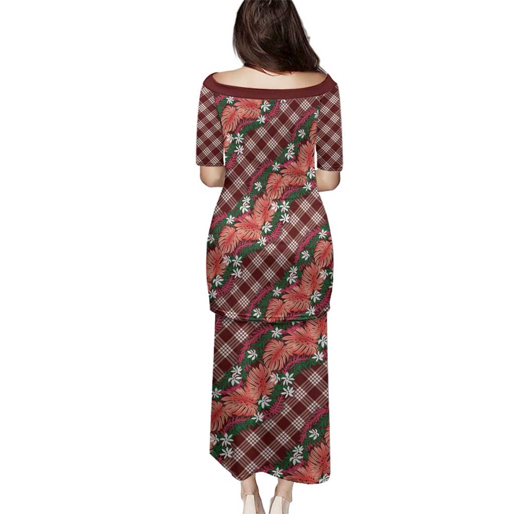 Polynesian Monstera Tiare Floral Family Matching Puletasi and Hawaiian Shirt Burgundy Tropical Plaid LT01 - Polynesian Pride