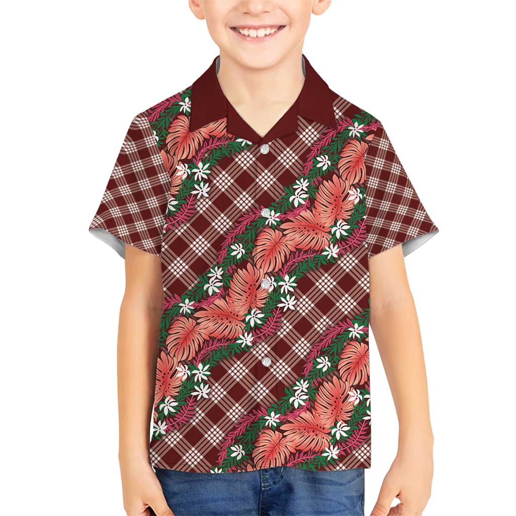 Polynesian Monstera Tiare Floral Family Matching Puletasi and Hawaiian Shirt Burgundy Tropical Plaid LT01 Son's Shirt Red - Polynesian Pride
