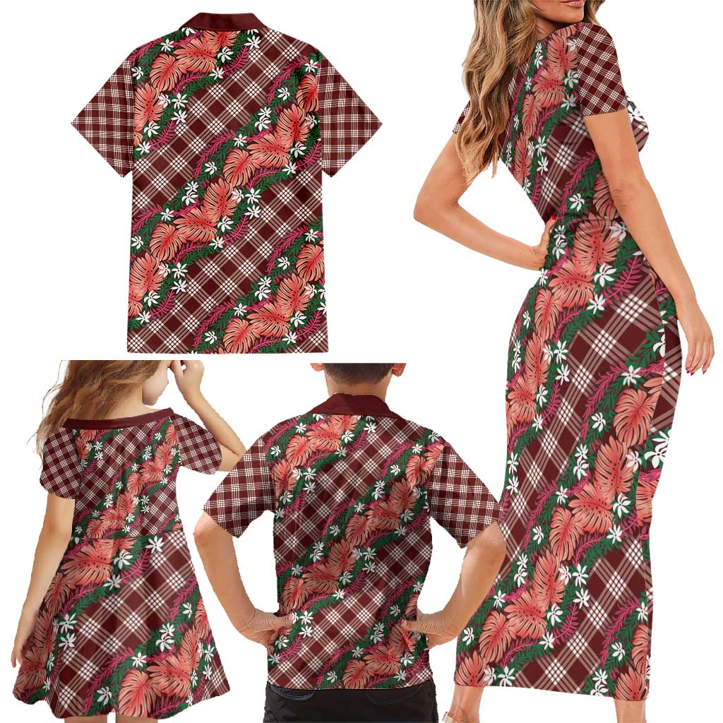 Polynesian Monstera Tiare Floral Family Matching Short Sleeve Bodycon Dress and Hawaiian Shirt Burgundy Tropical Plaid LT01 - Polynesian Pride