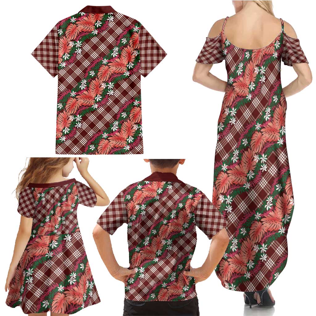 Polynesian Monstera Tiare Floral Family Matching Summer Maxi Dress and Hawaiian Shirt Burgundy Tropical Plaid LT01 - Polynesian Pride