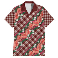 Polynesian Monstera Tiare Floral Family Matching Summer Maxi Dress and Hawaiian Shirt Burgundy Tropical Plaid LT01 Dad's Shirt - Short Sleeve Red - Polynesian Pride