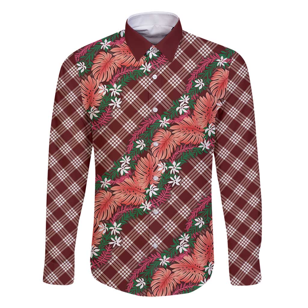Polynesian Monstera Tiare Floral Family Matching Tank Maxi Dress and Hawaiian Shirt Burgundy Tropical Plaid LT01 Dad's Shirt - Long Sleeve Red - Polynesian Pride