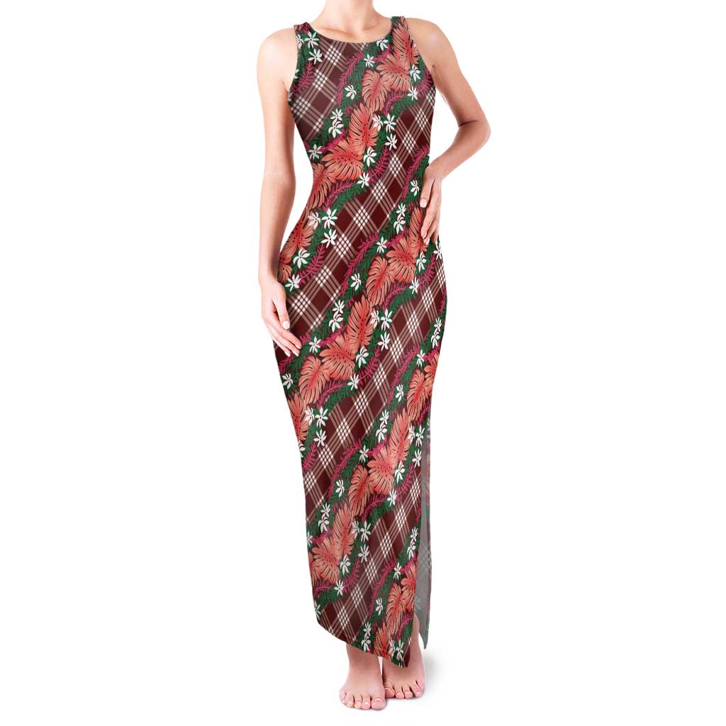 Polynesian Monstera Tiare Floral Family Matching Tank Maxi Dress and Hawaiian Shirt Burgundy Tropical Plaid LT01 Mom's Dress Red - Polynesian Pride