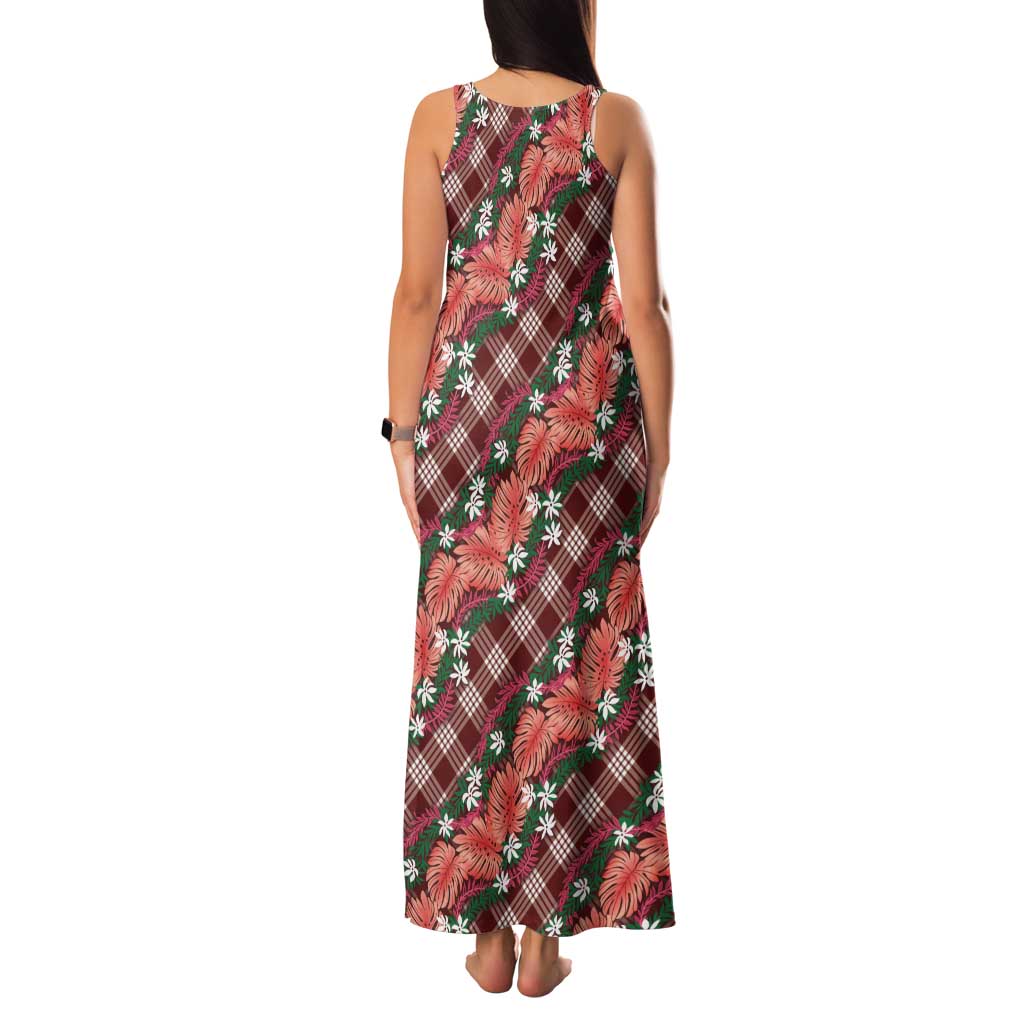 Polynesian Monstera Tiare Floral Family Matching Tank Maxi Dress and Hawaiian Shirt Burgundy Tropical Plaid LT01 - Polynesian Pride