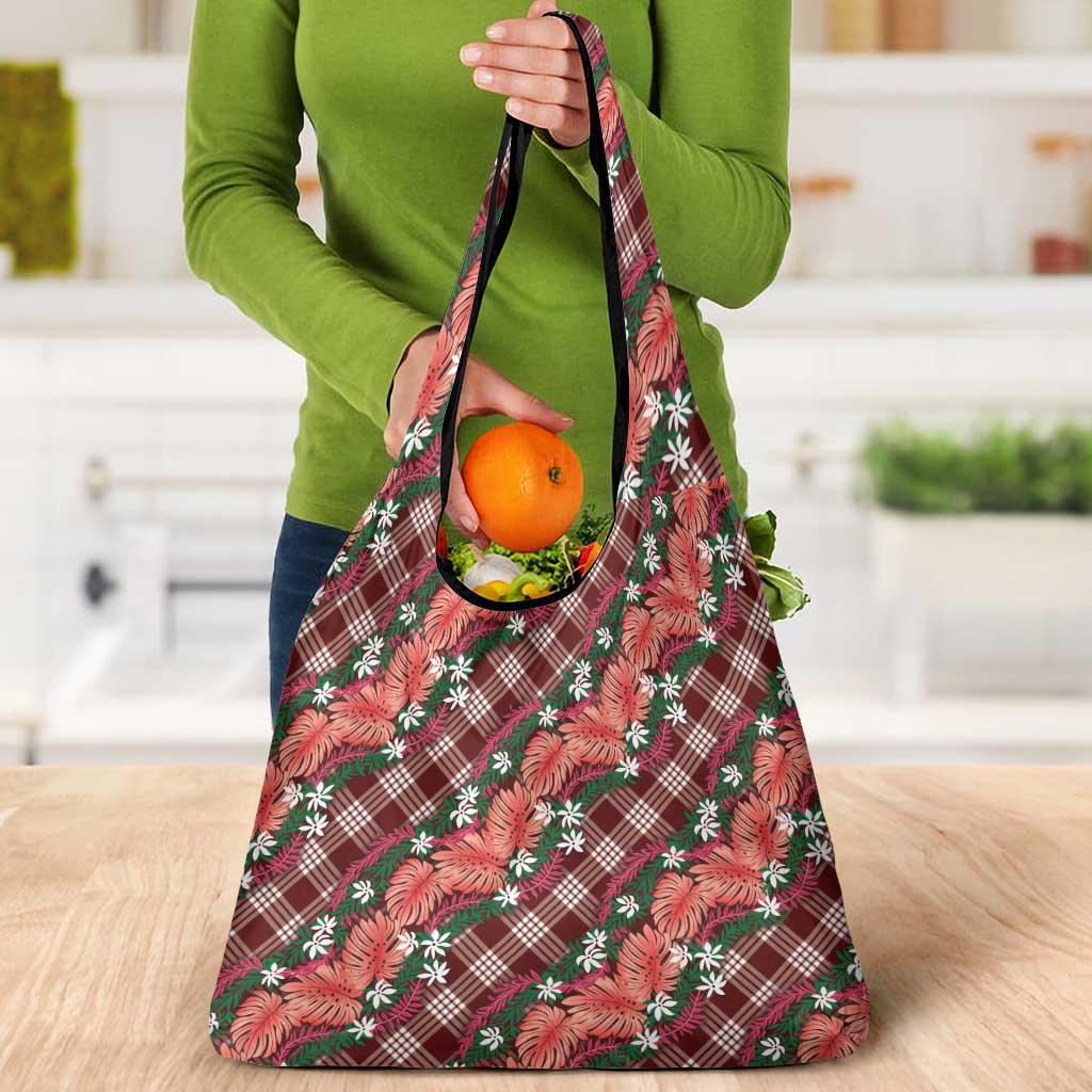 Polynesian Monstera Tiare Floral Grocery Bag Burgundy Tropical Plaid - Polynesian Pride