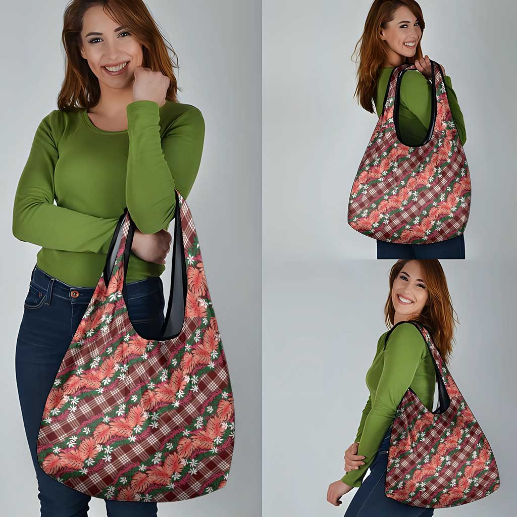 Polynesian Monstera Tiare Floral Grocery Bag Burgundy Tropical Plaid - Polynesian Pride