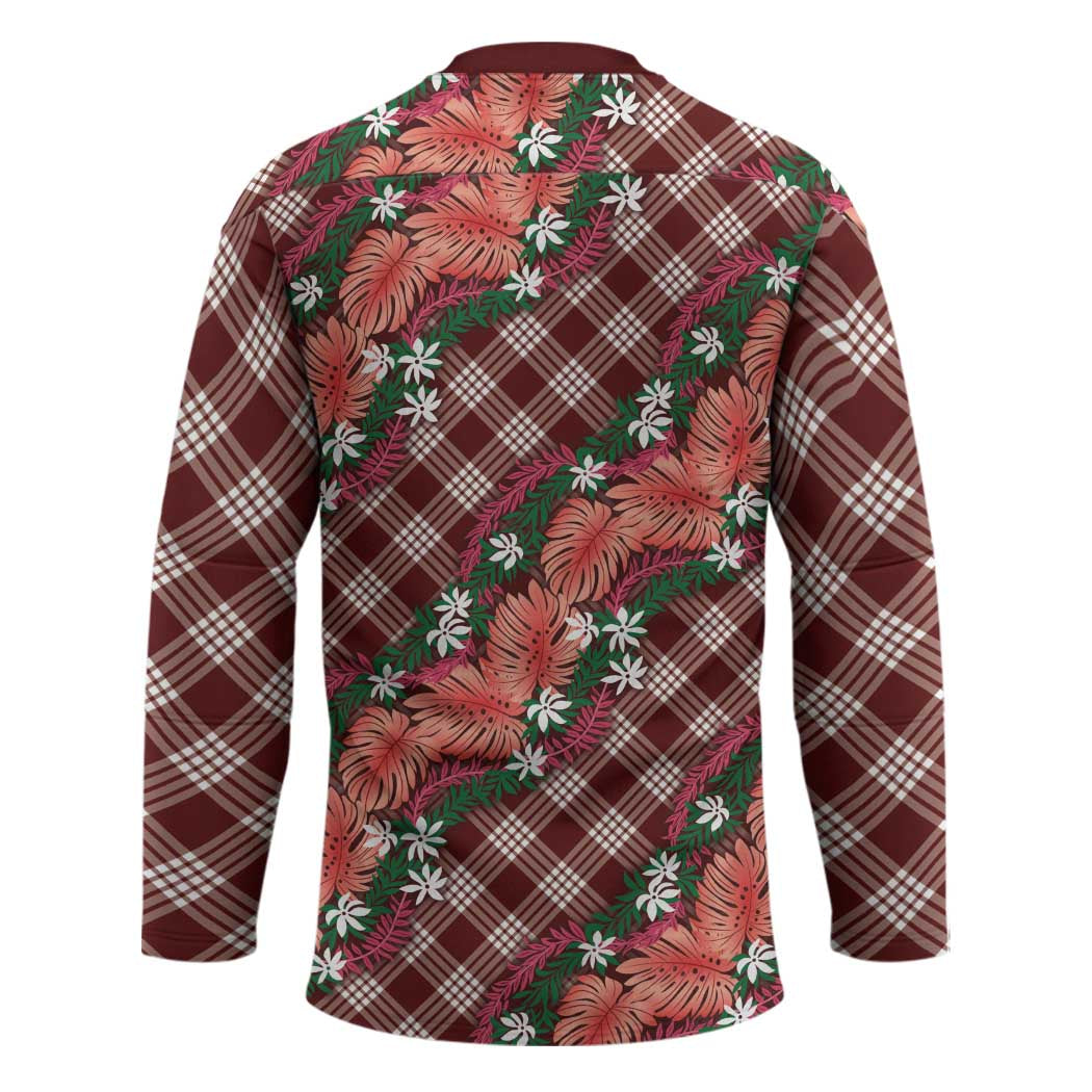 Polynesian Monstera Tiare Floral Hockey Jersey Burgundy Tropical Plaid LT01 - Polynesian Pride