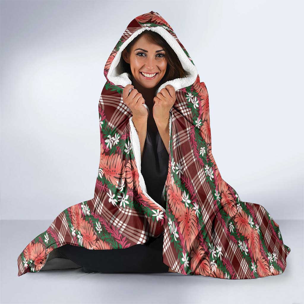 Polynesian Monstera Tiare Floral Hooded Blanket Burgundy Tropical Plaid LT01 - Polynesian Pride