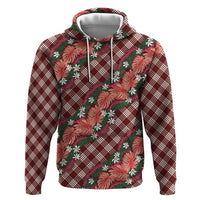 Polynesian Monstera Tiare Floral Hoodie Burgundy Tropical Plaid - Polynesian Pride