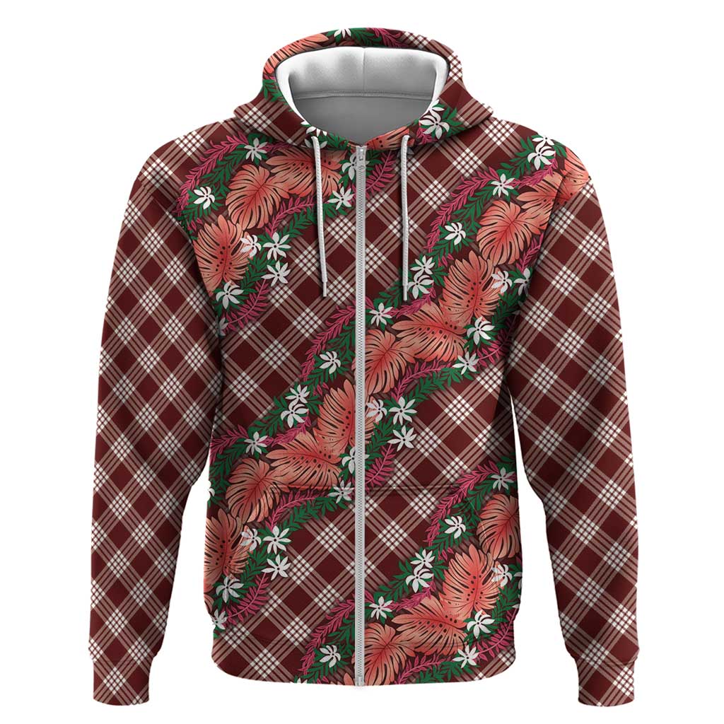 Polynesian Monstera Tiare Floral Hoodie Burgundy Tropical Plaid - Polynesian Pride