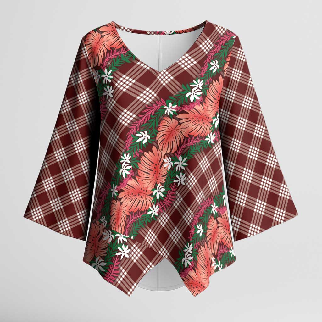 Polynesian Monstera Tiare Floral Kimono Sleeve Blouse Burgundy Tropical Plaid LT01 Female Red - Polynesian Pride
