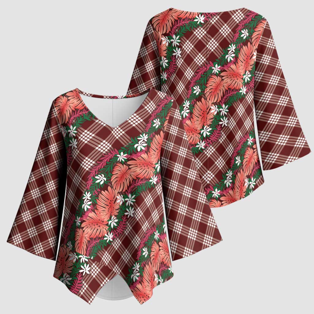 Polynesian Monstera Tiare Floral Kimono Sleeve Blouse Burgundy Tropical Plaid - Polynesian Pride