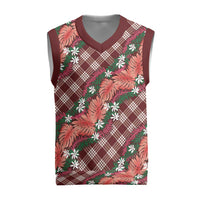 Polynesian Monstera Tiare Floral Christmas Knitted V-Neck Vest Burgundy Tropical Plaid LT01 Red - Polynesian Pride