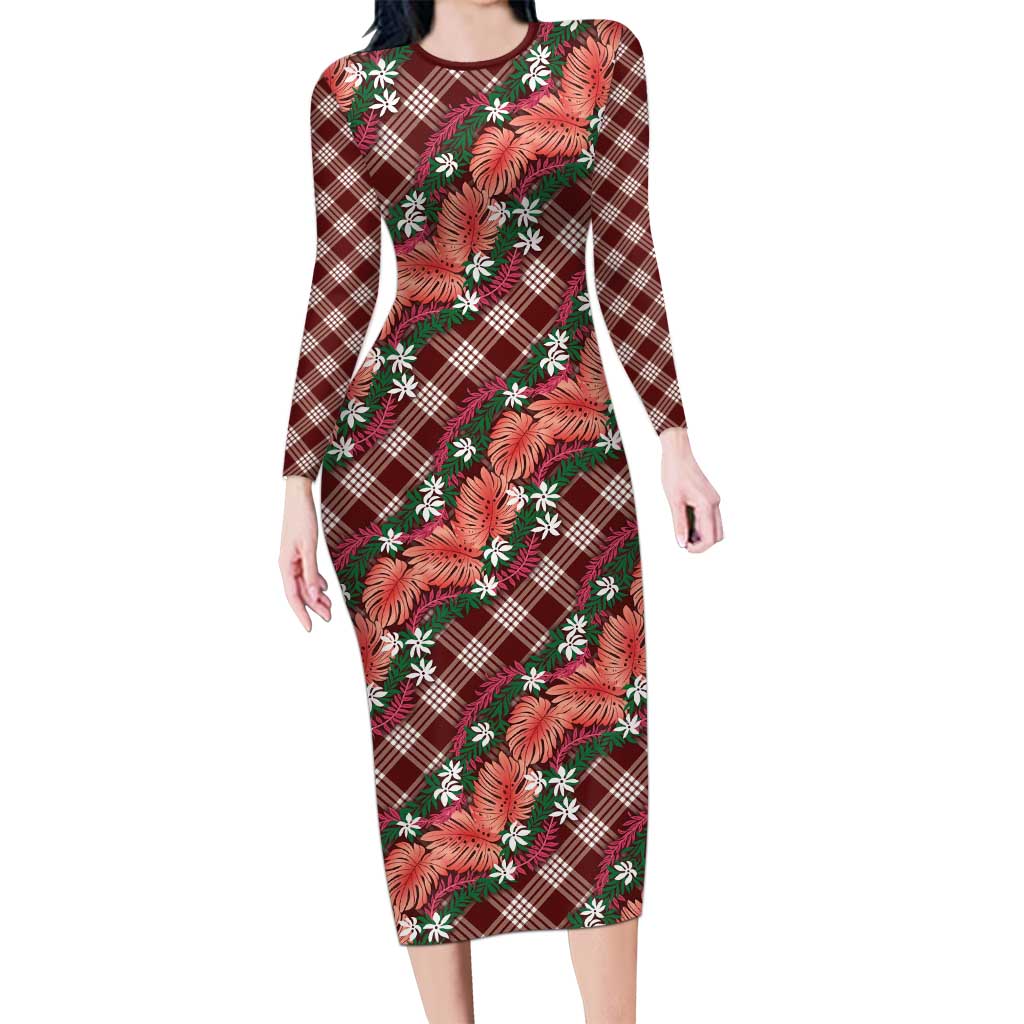 Polynesian Monstera Tiare Floral Long Sleeve Bodycon Dress Burgundy Tropical Plaid - Polynesian Pride