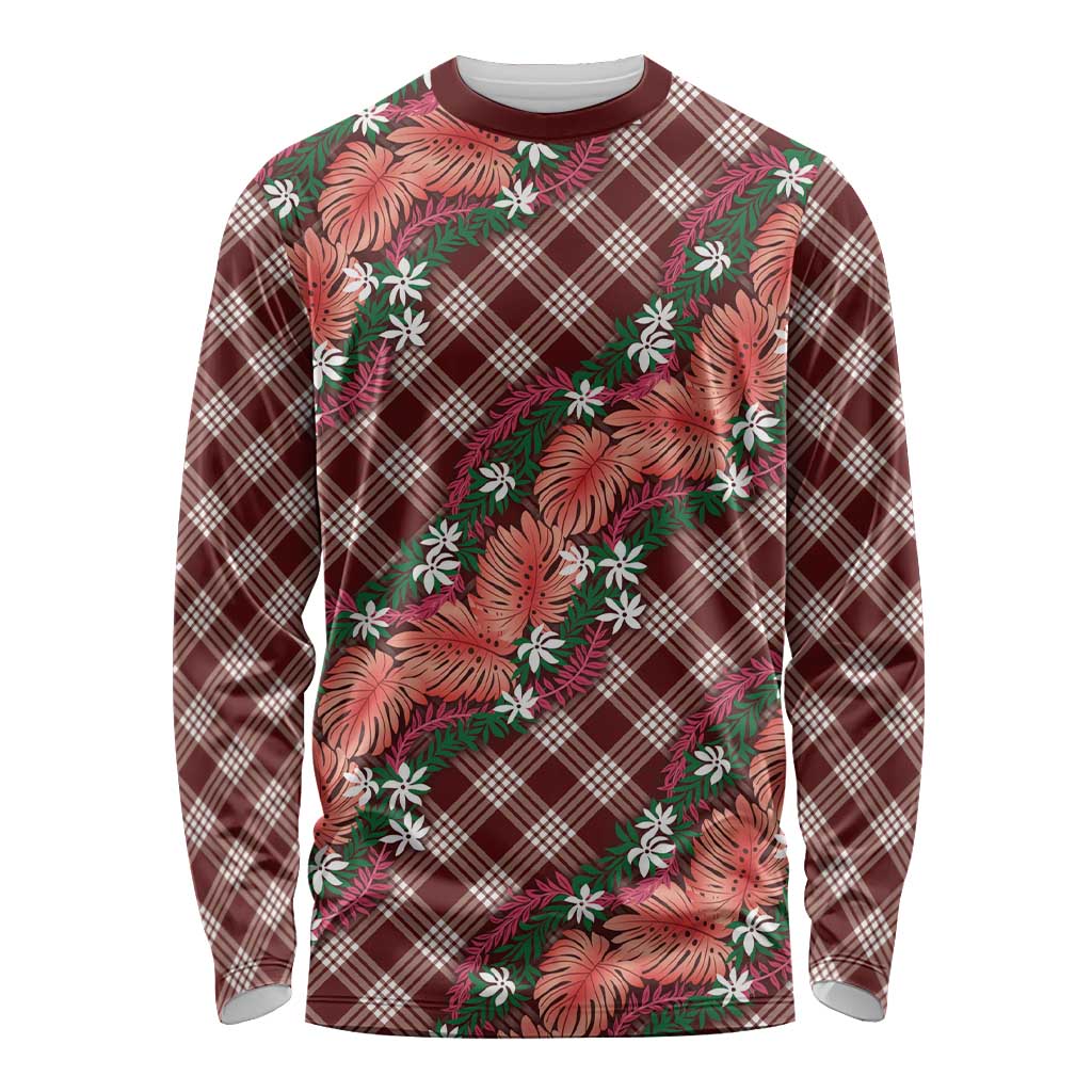 Polynesian Monstera Tiare Floral Long Sleeve Shirt Burgundy Tropical Plaid LT01 Unisex Red - Polynesian Pride