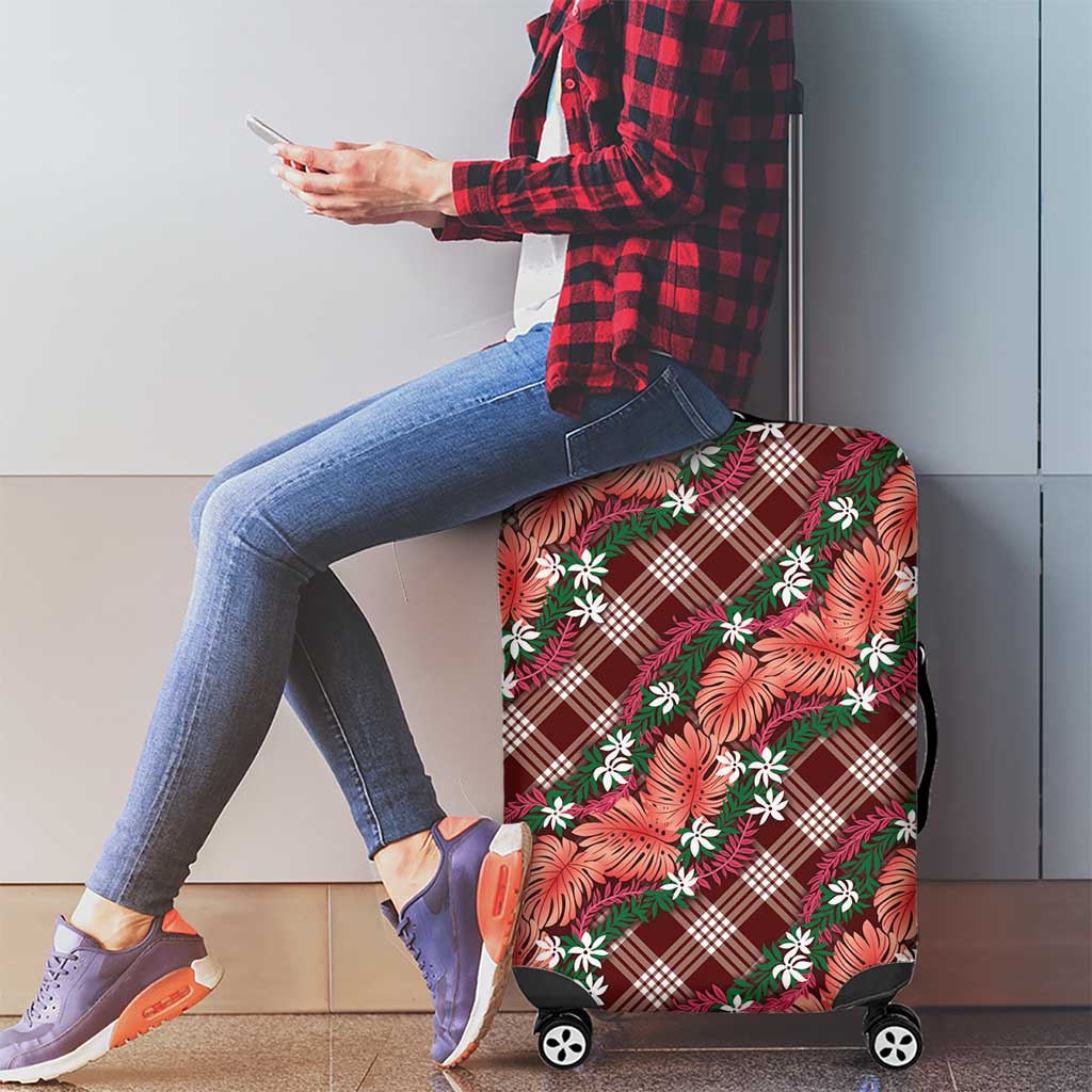 Polynesian Monstera Tiare Floral Luggage Cover Burgundy Tropical Plaid - Polynesian Pride