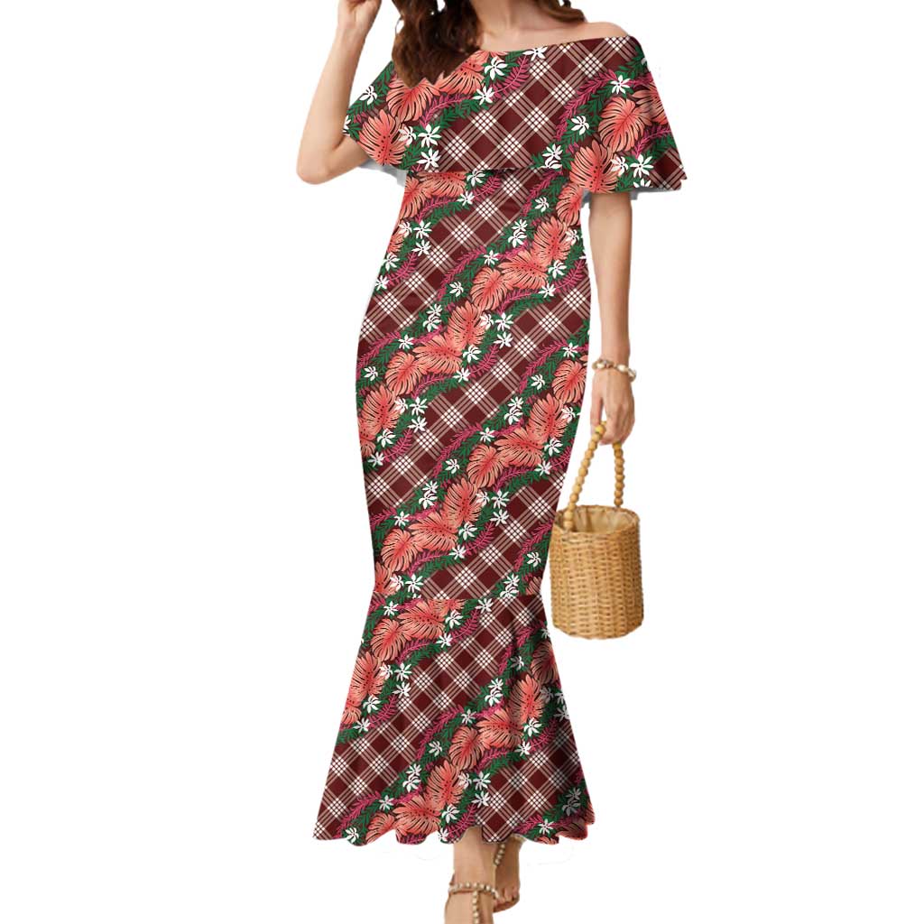 Polynesian Monstera Tiare Floral Mermaid Dress Burgundy Tropical Plaid - Polynesian Pride