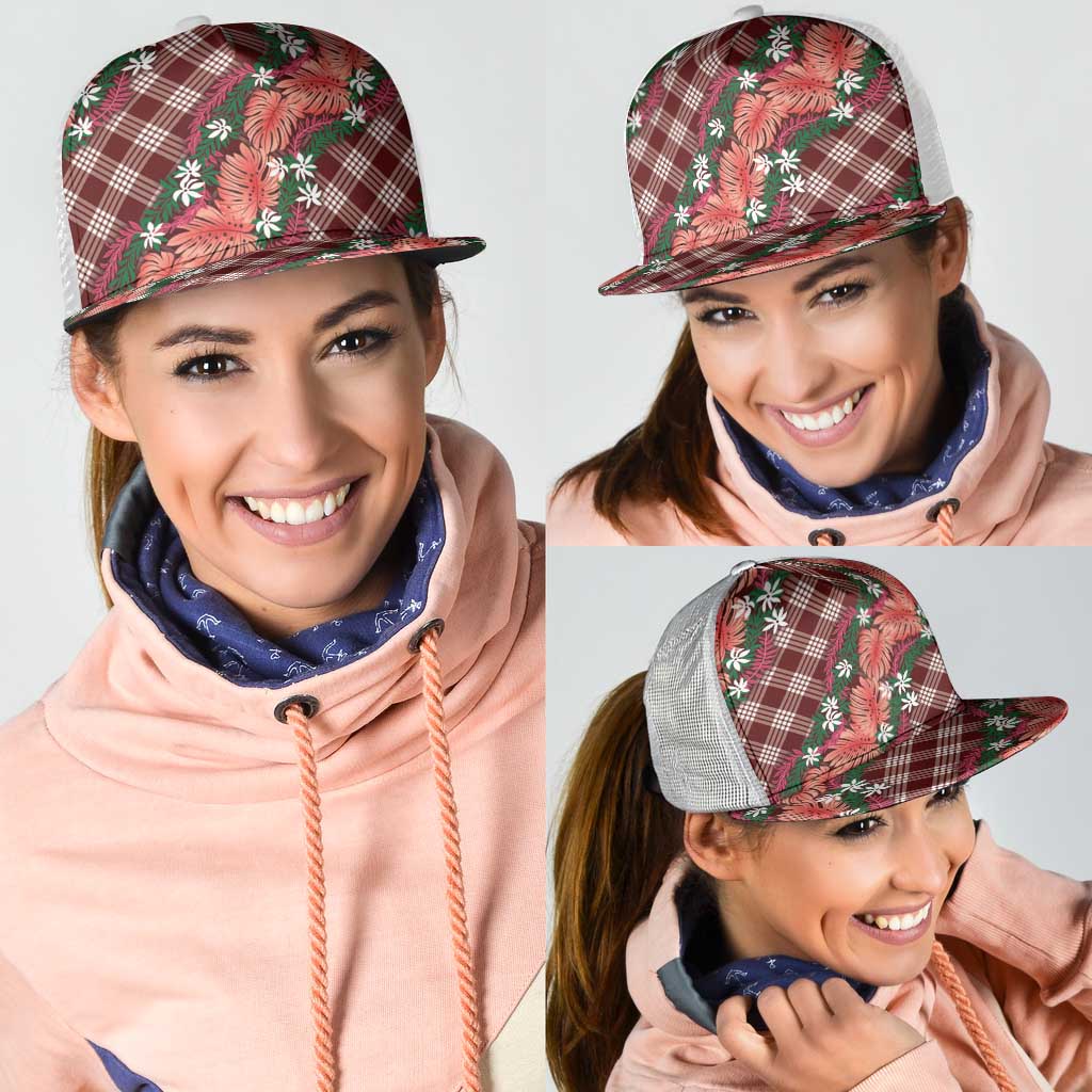 Polynesian Monstera Tiare Floral Mesh Trucker Cap Burgundy Tropical Plaid - Polynesian Pride