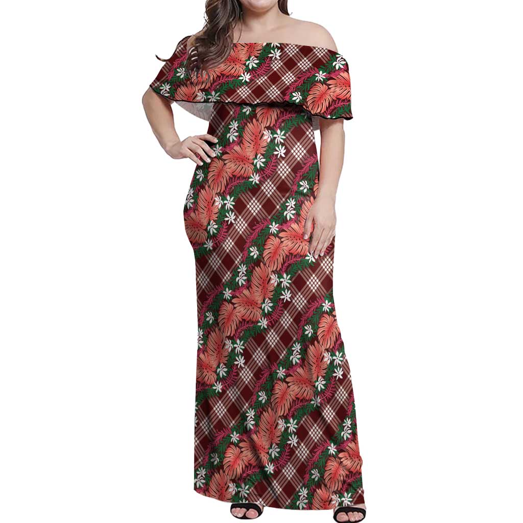 Polynesian Monstera Tiare Floral Off Shoulder Maxi Dress Burgundy Tropical Plaid LT01 Women Red - Polynesian Pride