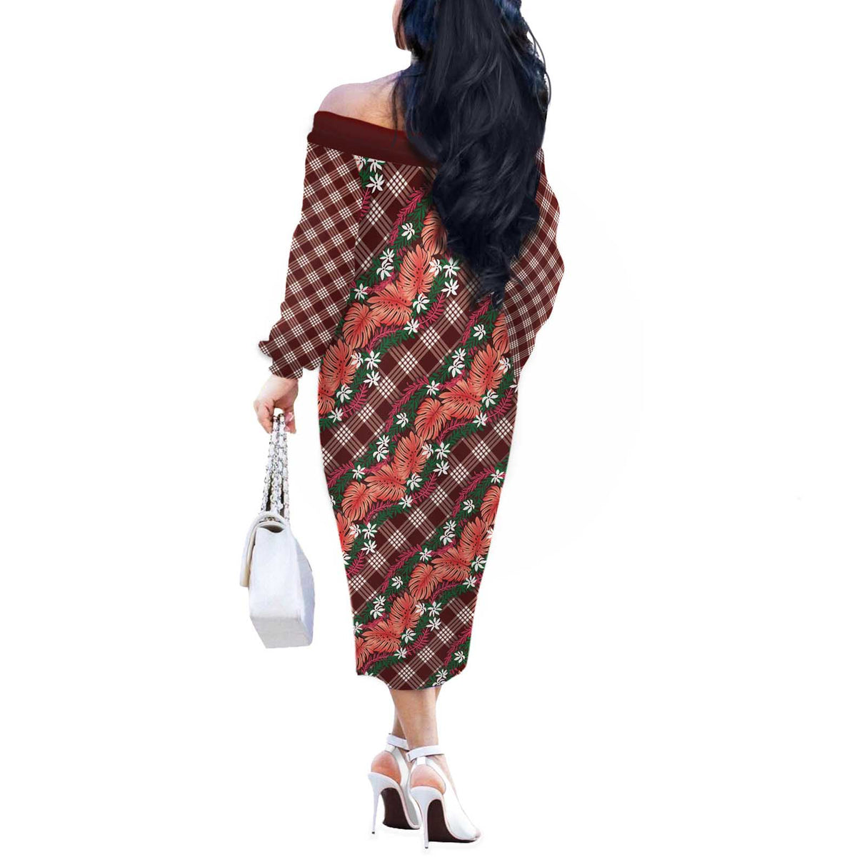Polynesian Monstera Tiare Floral Off The Shoulder Long Sleeve Dress Burgundy Tropical Plaid - Polynesian Pride