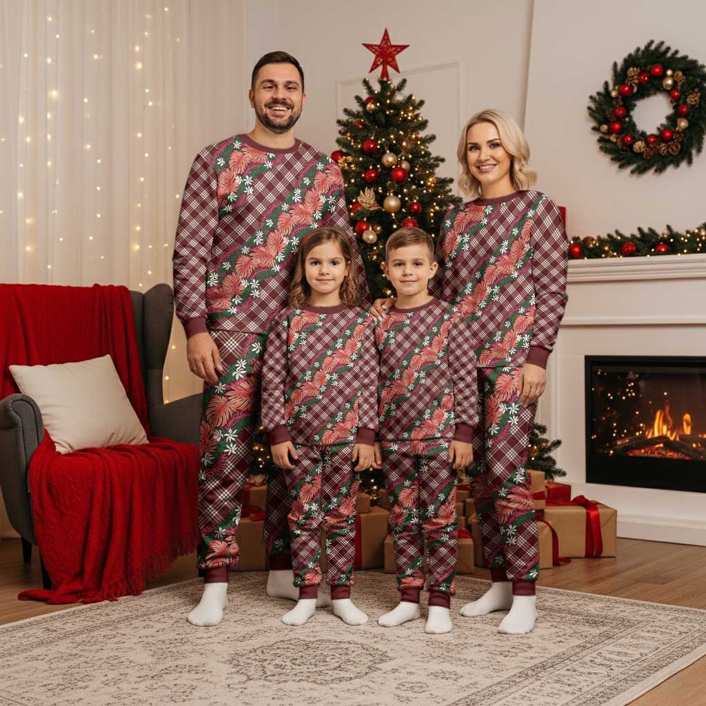 Polynesian Monstera Tiare Floral Christmas Pajama Set Burgundy Tropical Plaid - Polynesian Pride