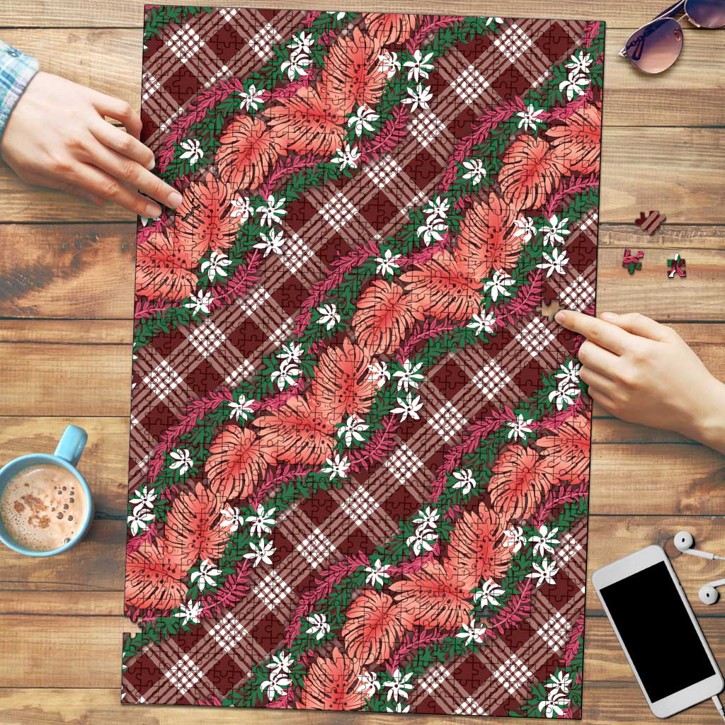 Polynesian Monstera Tiare Floral Puzzle Burgundy Tropical Plaid - Polynesian Pride