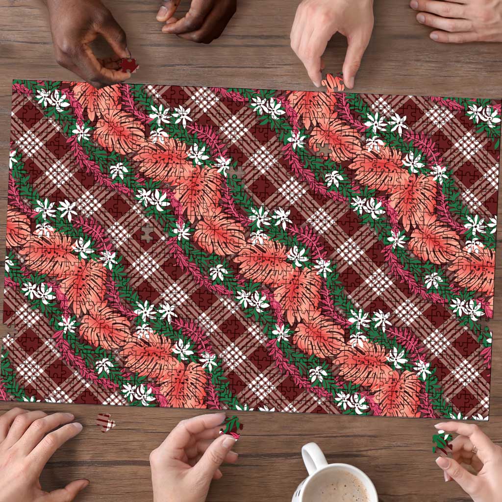 Polynesian Monstera Tiare Floral Puzzle Burgundy Tropical Plaid - Polynesian Pride