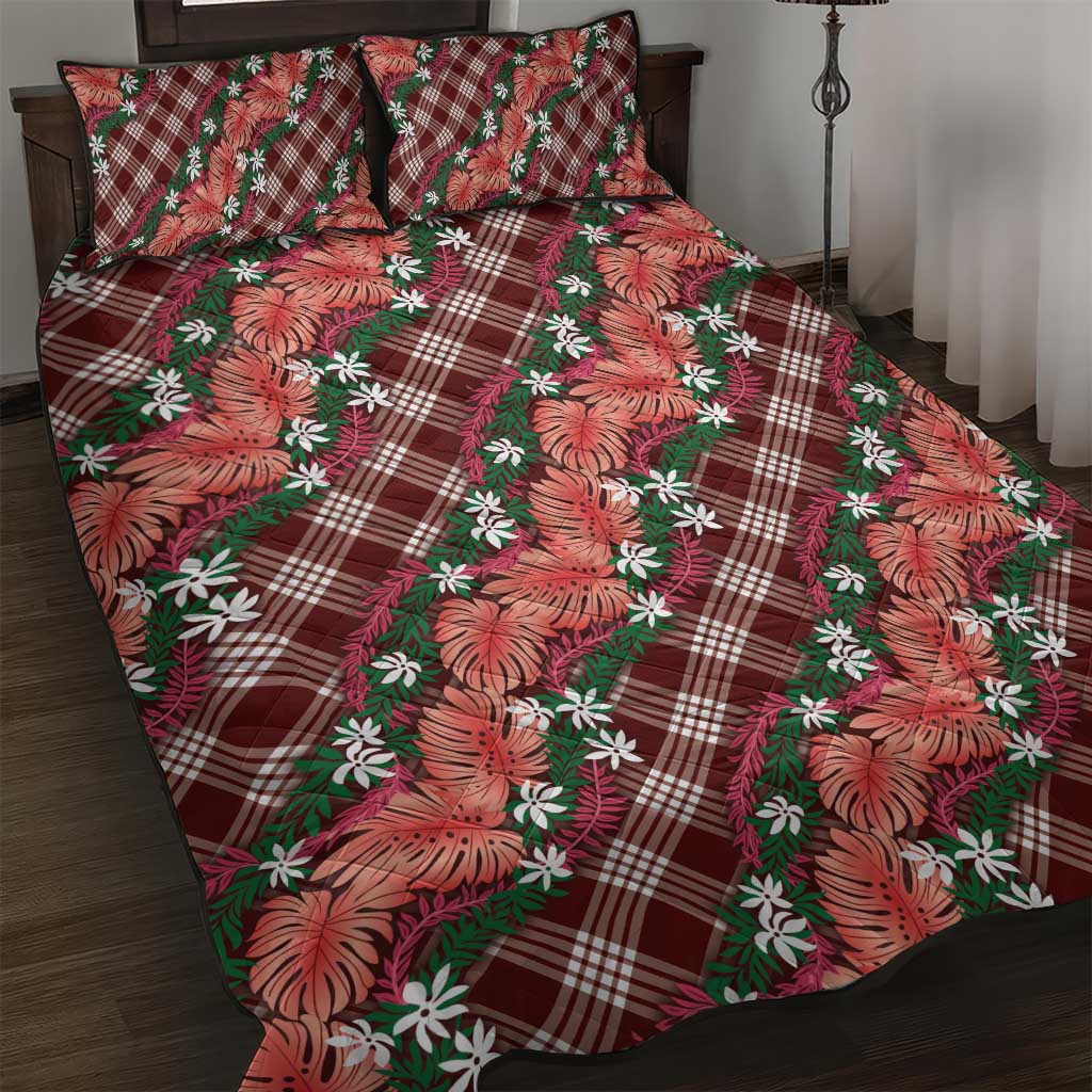 Polynesian Monstera Tiare Floral Quilt Bed Set Burgundy Tropical Plaid LT01 Red - Polynesian Pride