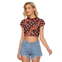 Polynesian Monstera Tiare Floral Raglan Cropped T Shirt Burgundy Tropical Plaid - Polynesian Pride