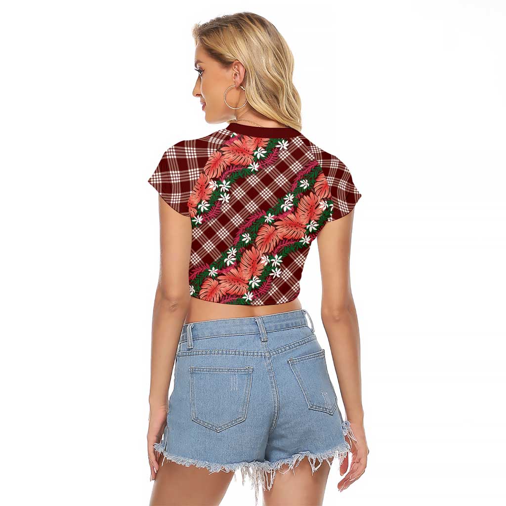 Polynesian Monstera Tiare Floral Raglan Cropped T Shirt Burgundy Tropical Plaid - Polynesian Pride
