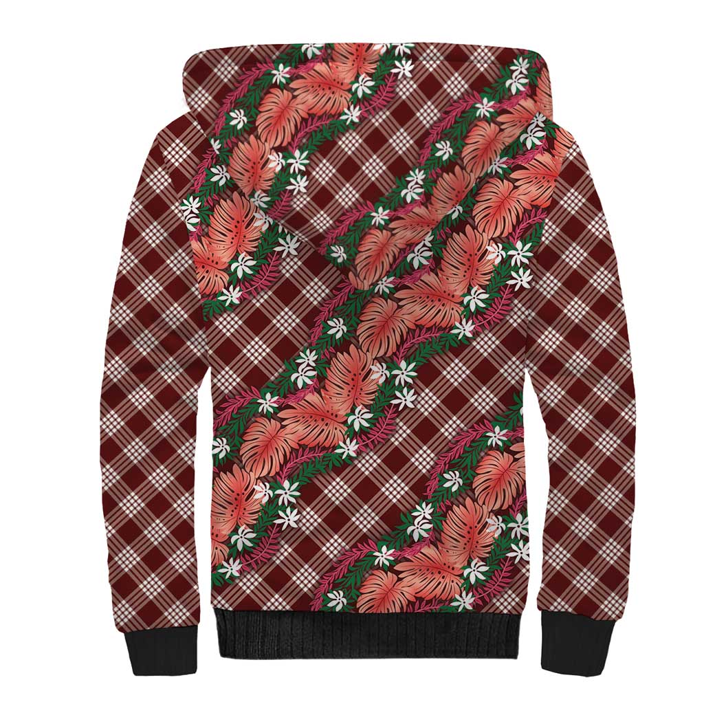 Polynesian Monstera Tiare Floral Sherpa Hoodie Burgundy Tropical Plaid - Polynesian Pride