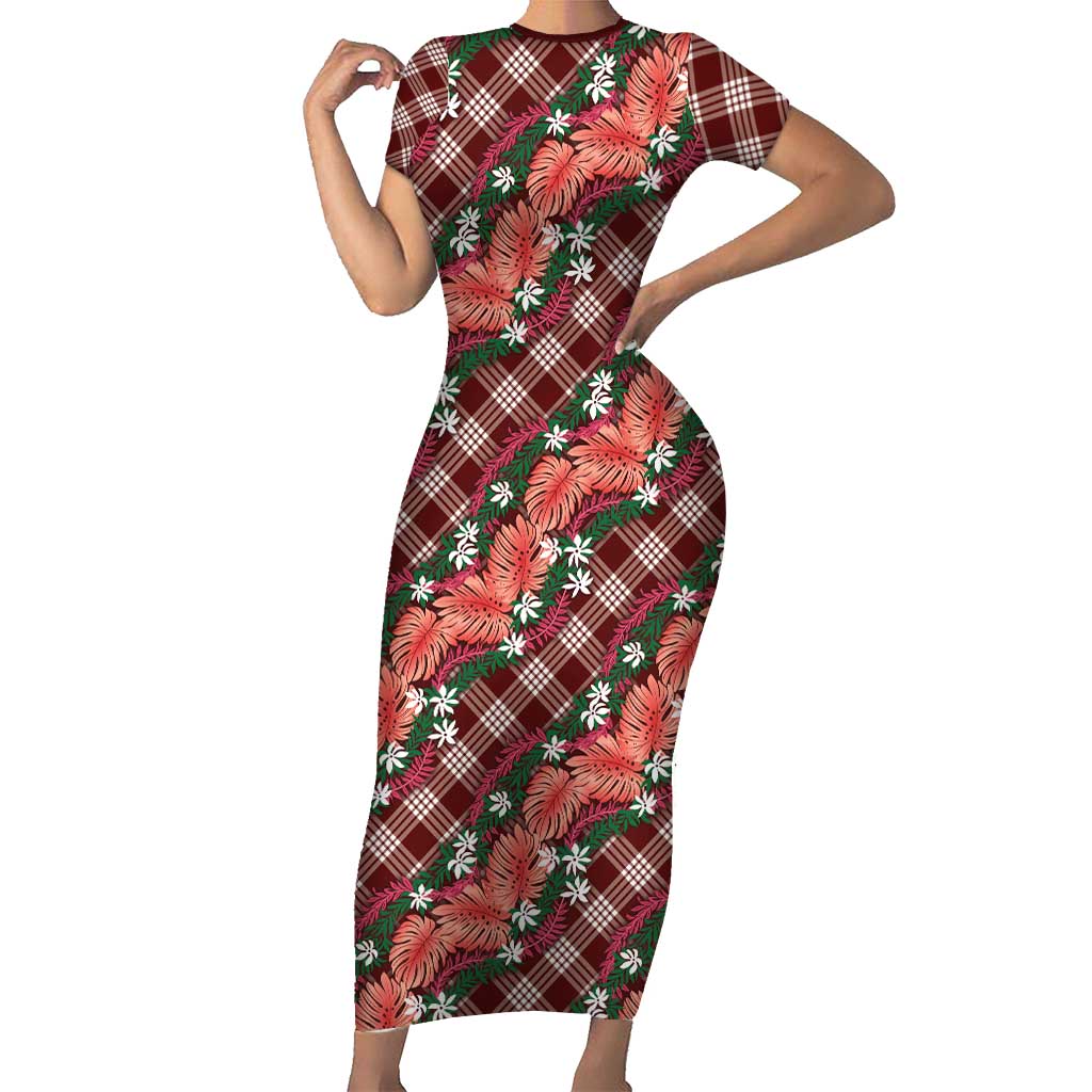 Polynesian Monstera Tiare Floral Short Sleeve Bodycon Dress Burgundy Tropical Plaid LT01 Long Dress Red - Polynesian Pride