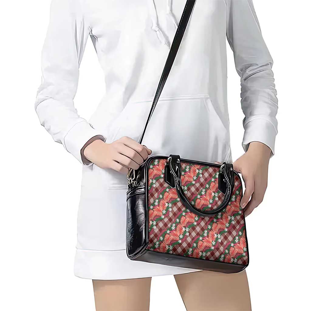 Polynesian Monstera Tiare Floral Shoulder Handbag Burgundy Tropical Plaid - Polynesian Pride