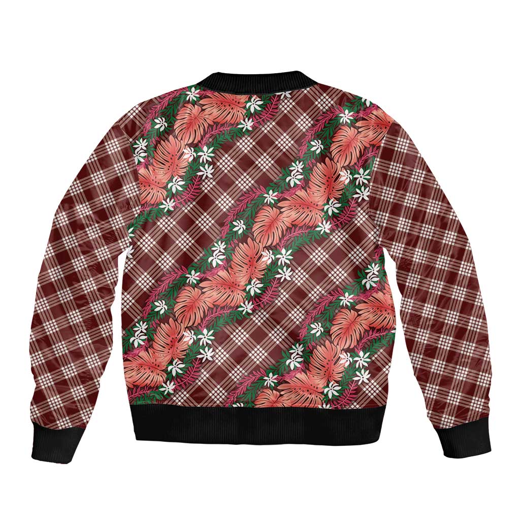 Polynesian Monstera Tiare Floral Sleeve Zip Bomber Jacket Burgundy Tropical Plaid - Polynesian Pride