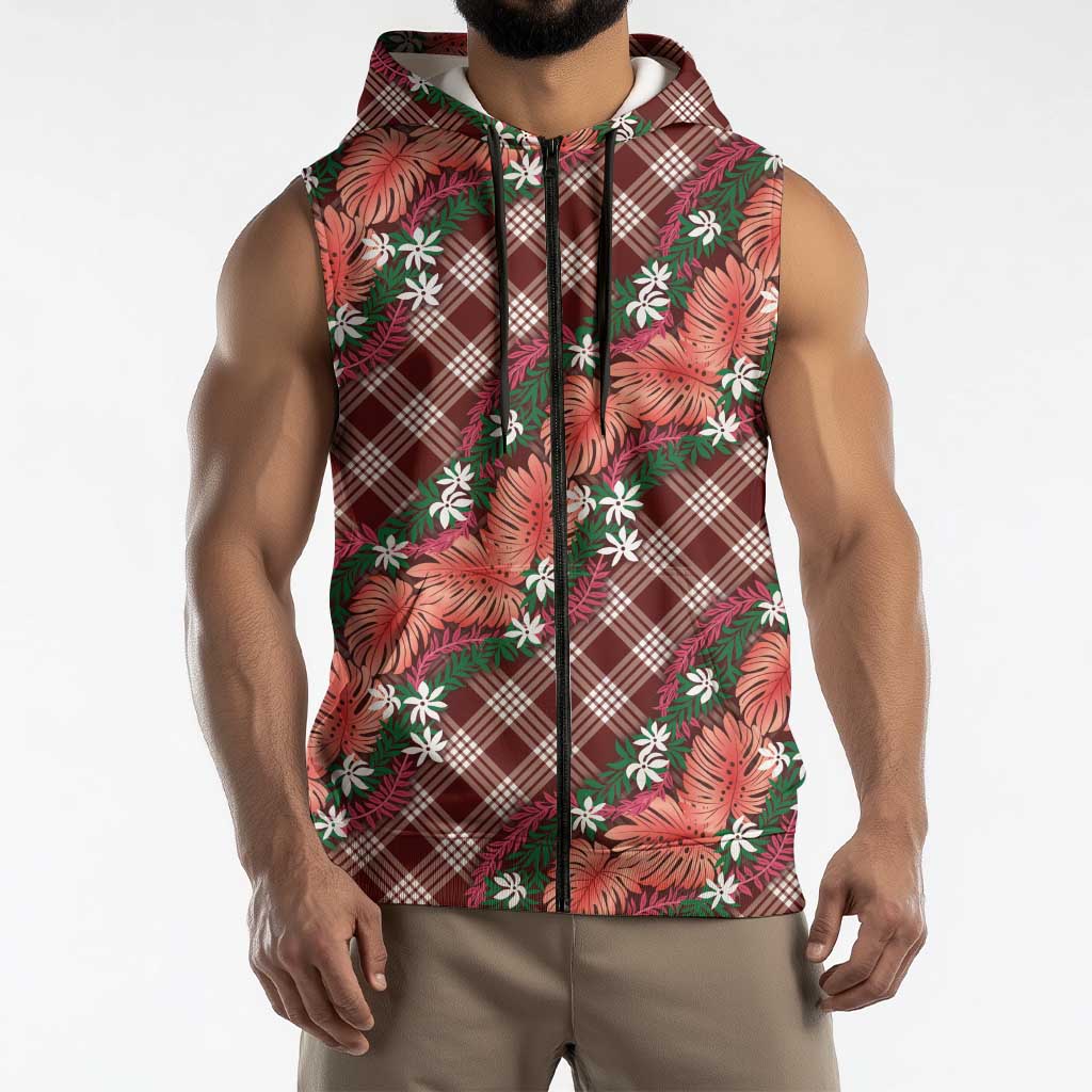 Polynesian Monstera Tiare Floral Sleeveless Zip Hoodie Burgundy Tropical Plaid - Polynesian Pride