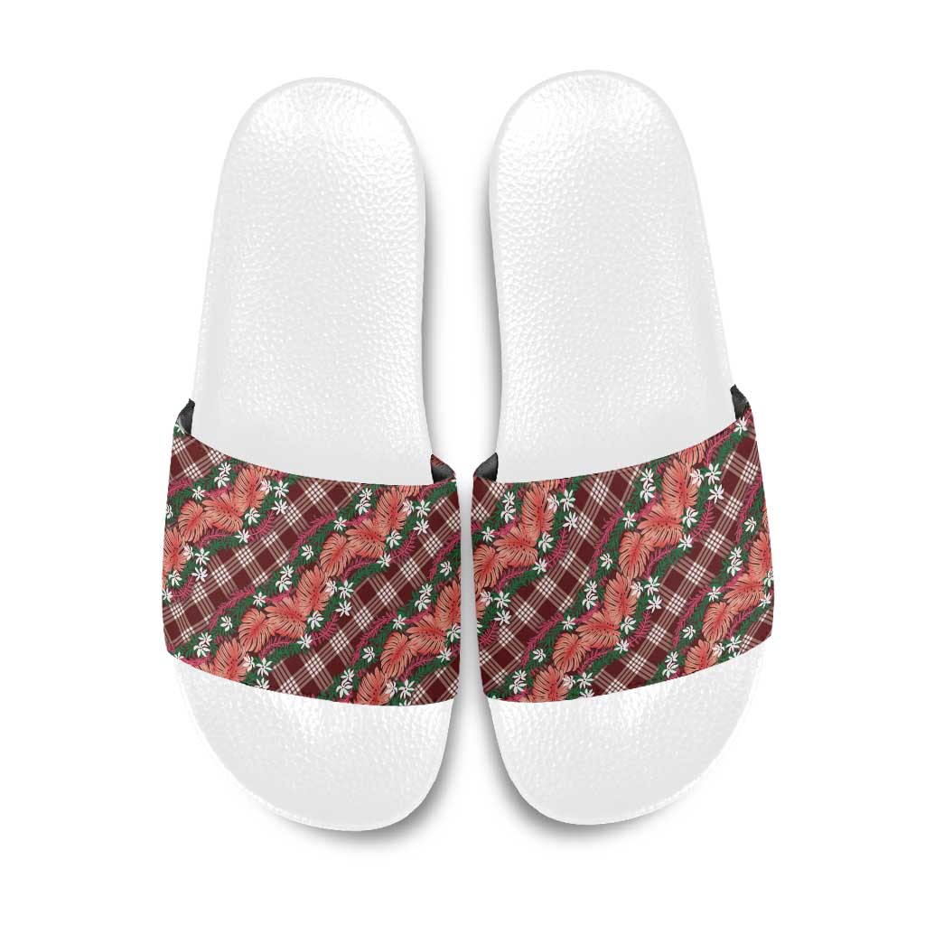 Polynesian Monstera Tiare Floral Slide Sandals Burgundy Tropical Plaid LT01 Red - Polynesian Pride