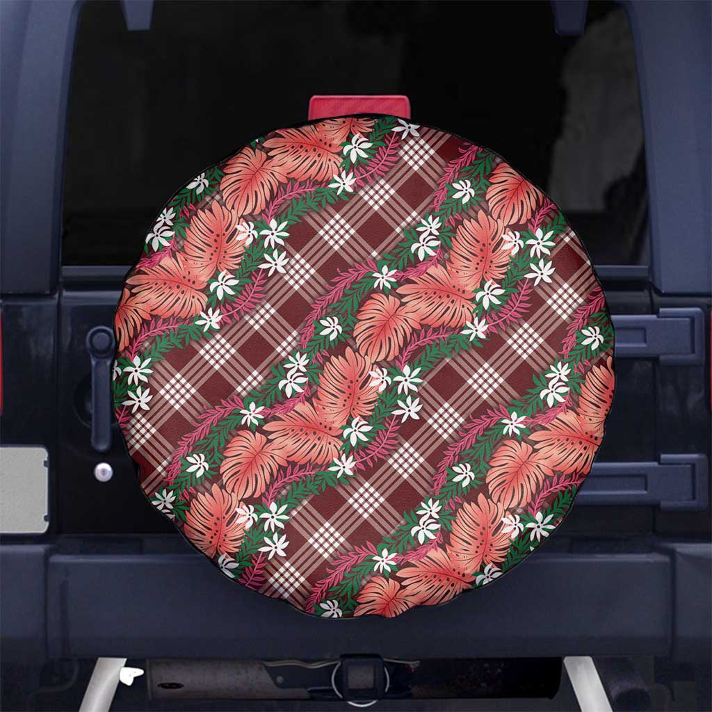 Polynesian Monstera Tiare Floral Spare Tire Cover Burgundy Tropical Plaid LT01 No hole Red - Polynesian Pride