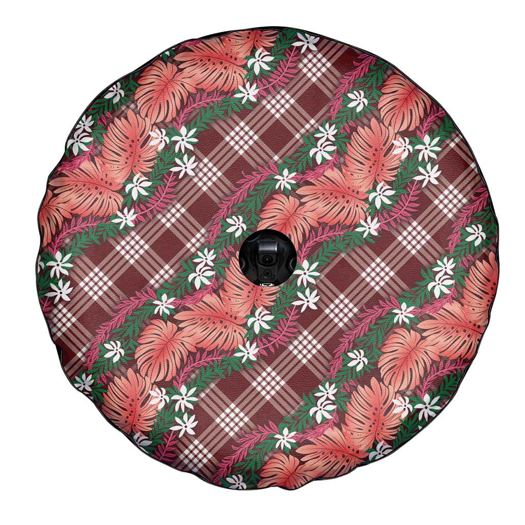 Polynesian Monstera Tiare Floral Spare Tire Cover Burgundy Tropical Plaid LT01 - Polynesian Pride