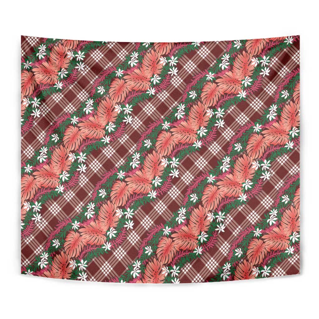 Polynesian Monstera Tiare Floral Tapestry Burgundy Tropical Plaid - Polynesian Pride