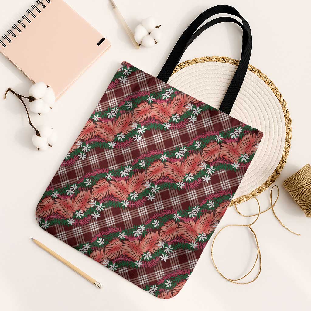 Polynesian Monstera Tiare Floral Tote Bag Burgundy Tropical Plaid - Polynesian Pride