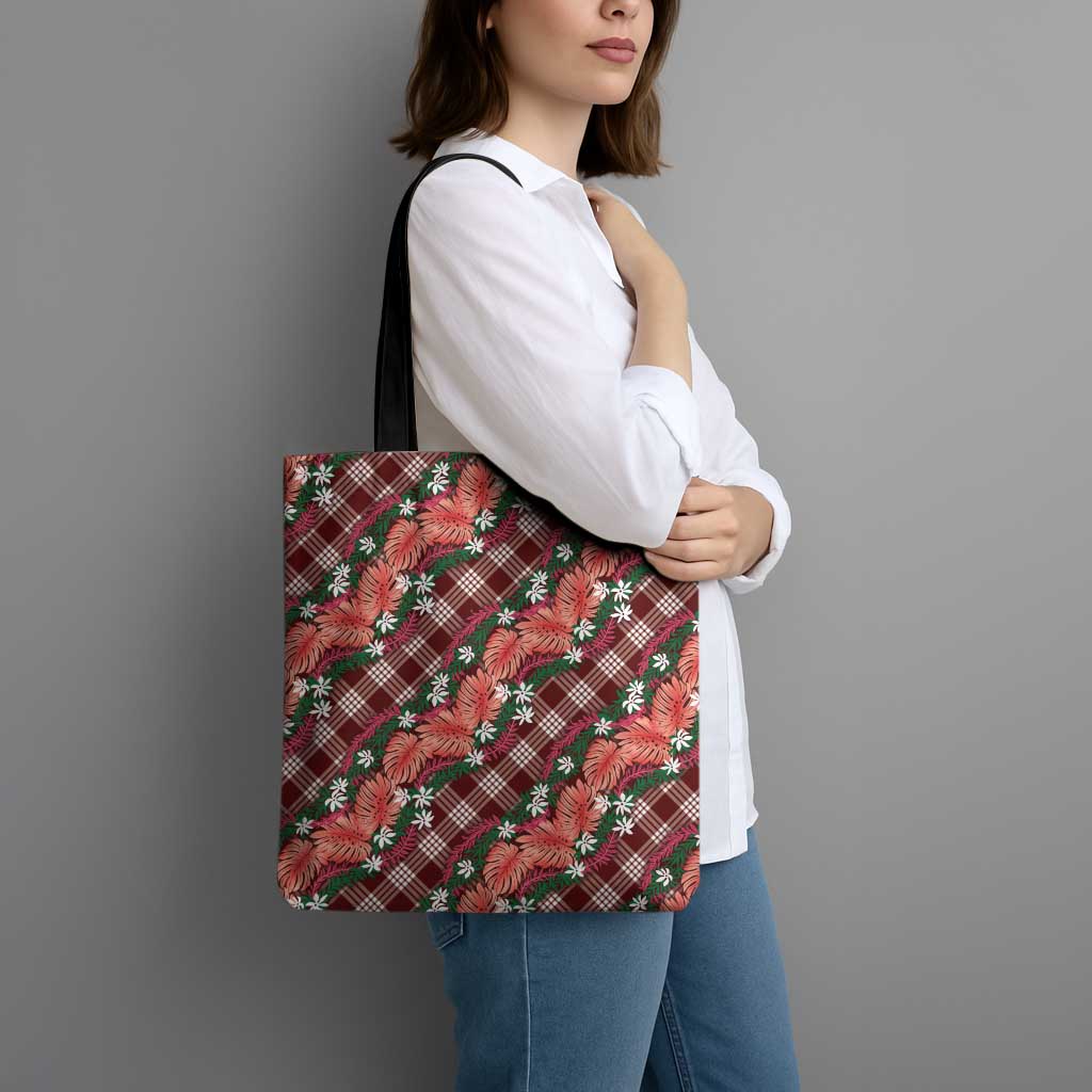 Polynesian Monstera Tiare Floral Tote Bag Burgundy Tropical Plaid - Polynesian Pride