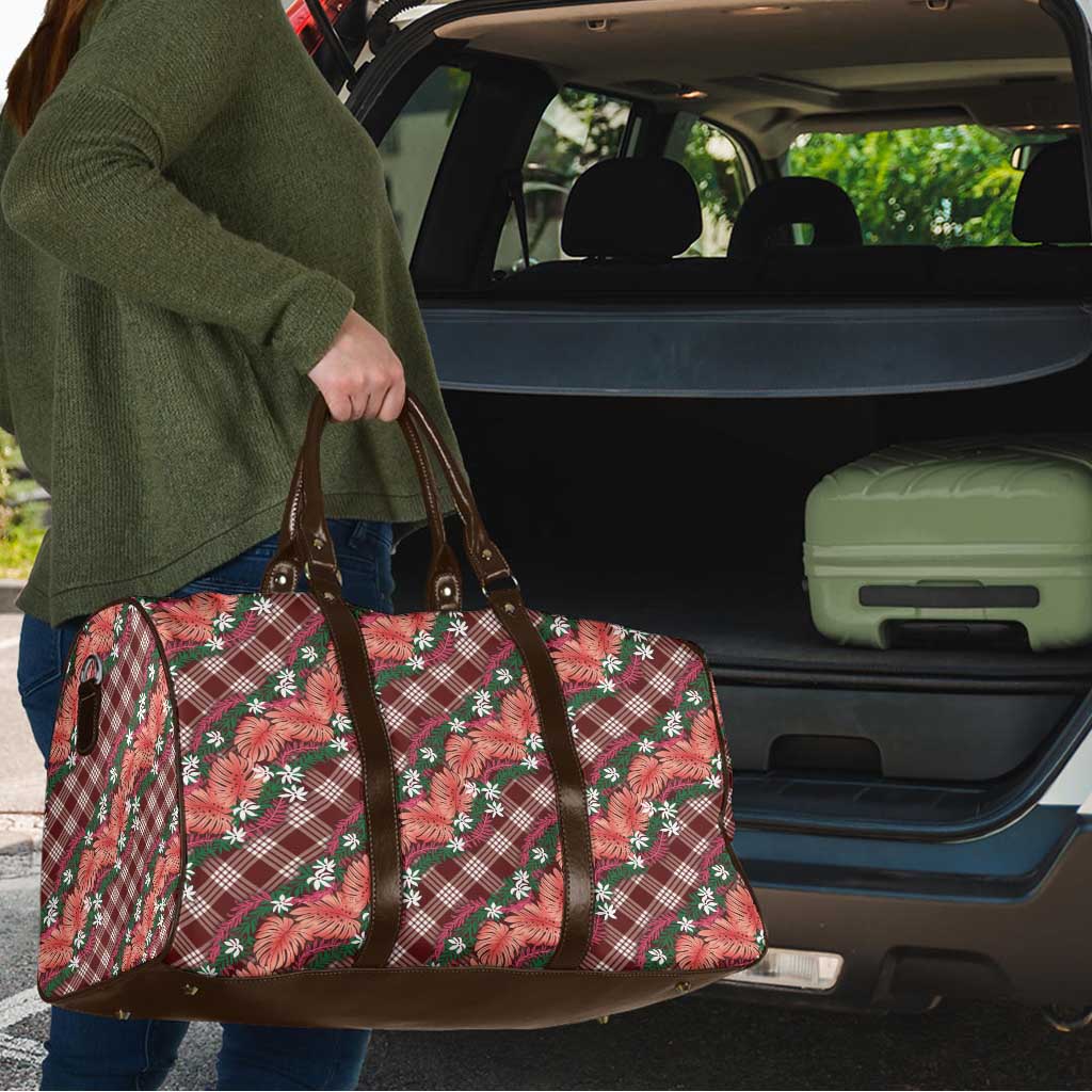 Polynesian Monstera Tiare Floral Travel Bag Burgundy Tropical Plaid - Polynesian Pride