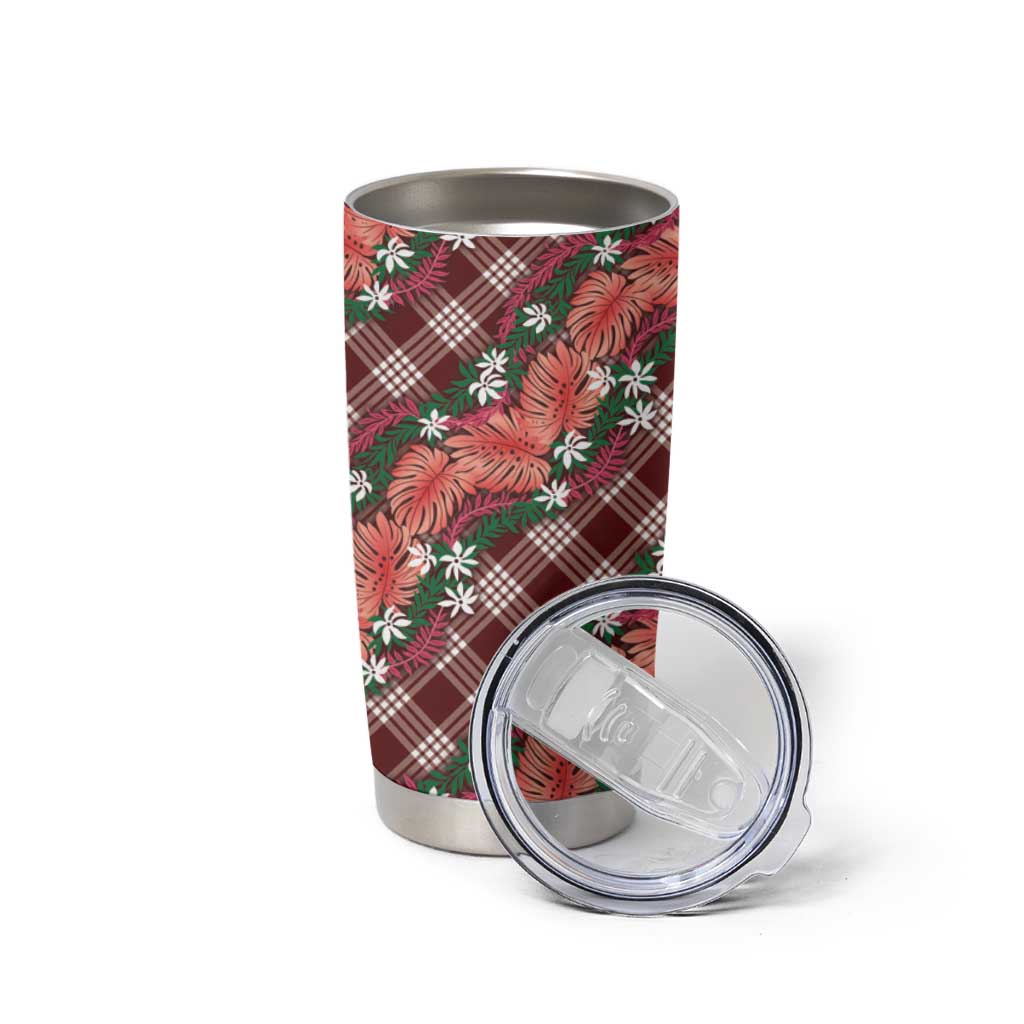 Polynesian Monstera Tiare Floral Tumbler Cup Burgundy Tropical Plaid - Polynesian Pride