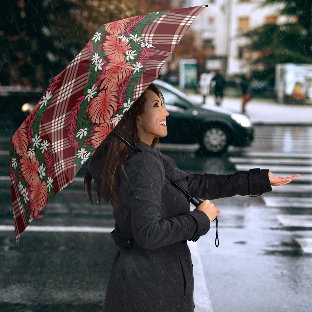 Polynesian Monstera Tiare Floral Umbrella Burgundy Tropical Plaid - Polynesian Pride